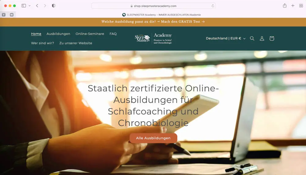 Screenshot vom Buchungsportal der Sleepmaster Academy