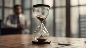 Sanduhr mit Mann im Hintergrund sitzend als Symbol für die Ausbildung zum ChronoCoach