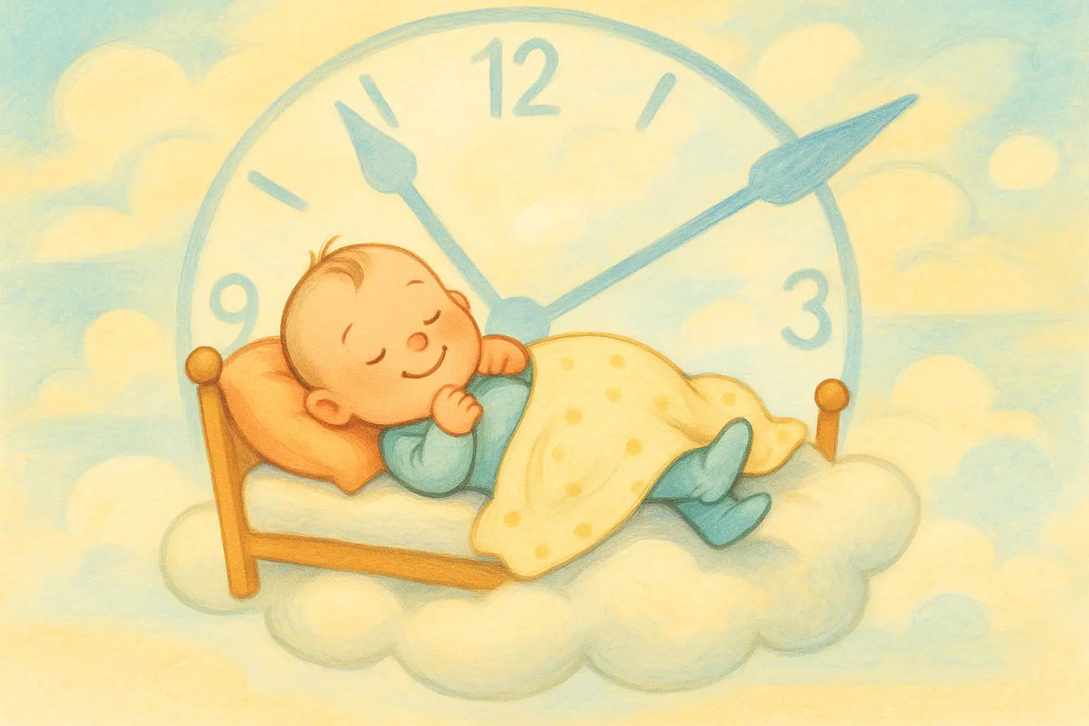 Zeitumstellung mit Babys - Ein Baby ligt im Bett auf Wolken mit einer Uhr im Hintergrund - Phantasiebild