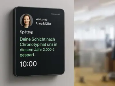 Chronobiologie im Personalmanagement - Elektronische Stechuhr mit dem Text: "Spättyp - Deine Schicht hat uns in diesem Jahr 2000€ gespart